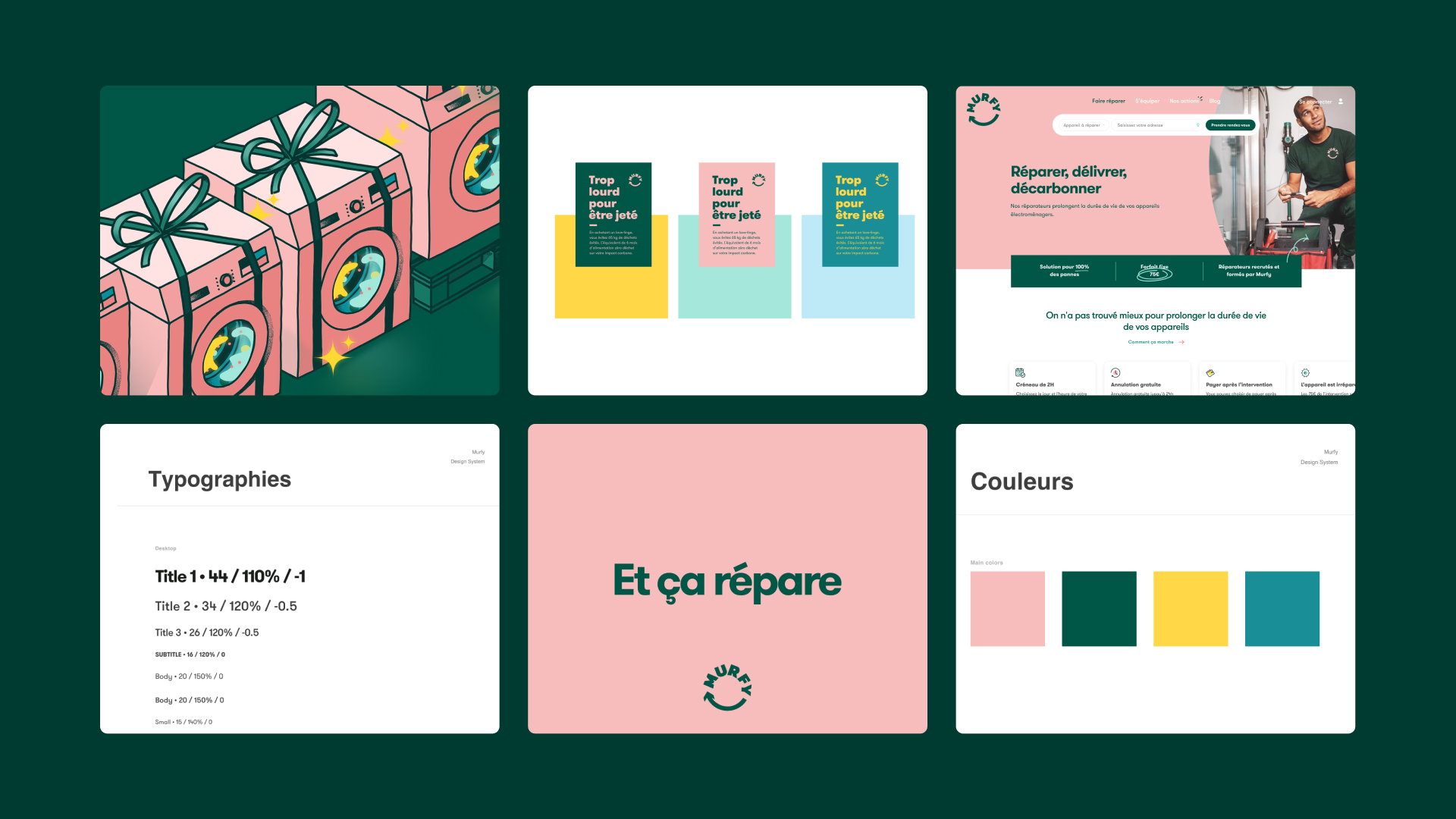 Vue du design system présentant différents écrans : Typographie, couleurs, illustrations, pages du site.