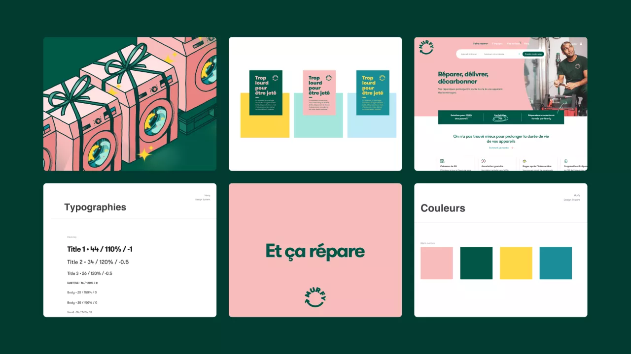 Vue du design system présentant différents écrans : Typographie, couleurs, illustrations, pages du site.