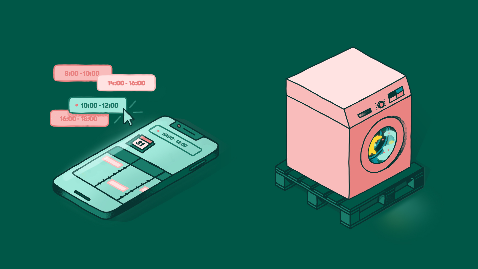 2 illustrations isométriques, une représentant un téléphone avec un calendrier, l'autre une machine à laver sur une palette.