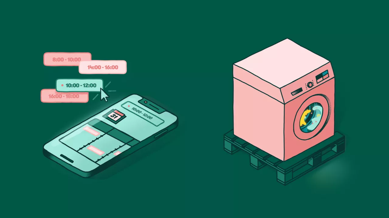 2 illustrations isométriques, une représentant un téléphone avec un calendrier, l'autre une machine à laver sur une palette.