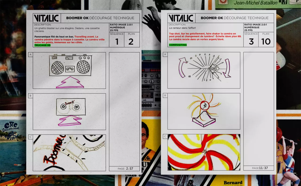 2 planches de storyboard, la première montre un mouvement de caméra qui s'avance vers un Ghetto-blaster. La seconde un rameur vu de haut aspiré par un vortex de lumière.