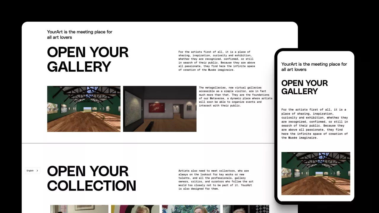 Capture d'écran d'une page du site desktop et mobile avec pour titre "Open Your Gallery"